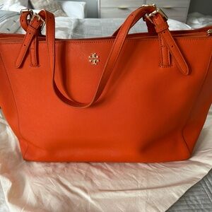 Tory Burch Bold Orange Saffiano Leather Tote Bag